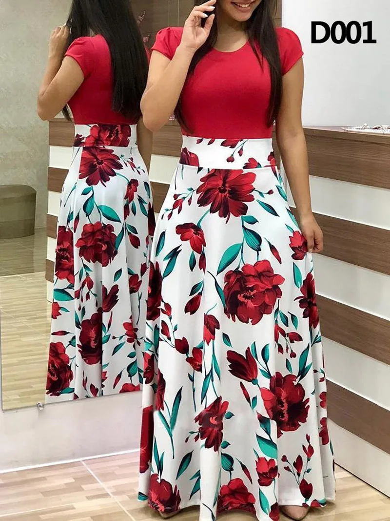 

Dresses For Women 2023 T Shirt Print Patchwork Long Dress Summer Casual Short Sleeve O-Neck High Waist Robe Boho Maxi Vestidos