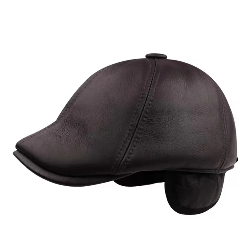 Зимние мужские теплые береты Кожаная шапка с мехом для мужчин меховыми вставками