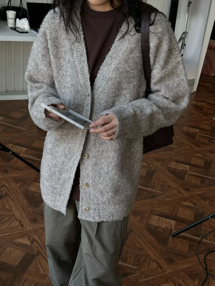 [LANMREM] Винтажный вязаный кардиган свитер для женщин однобортное офисное женское