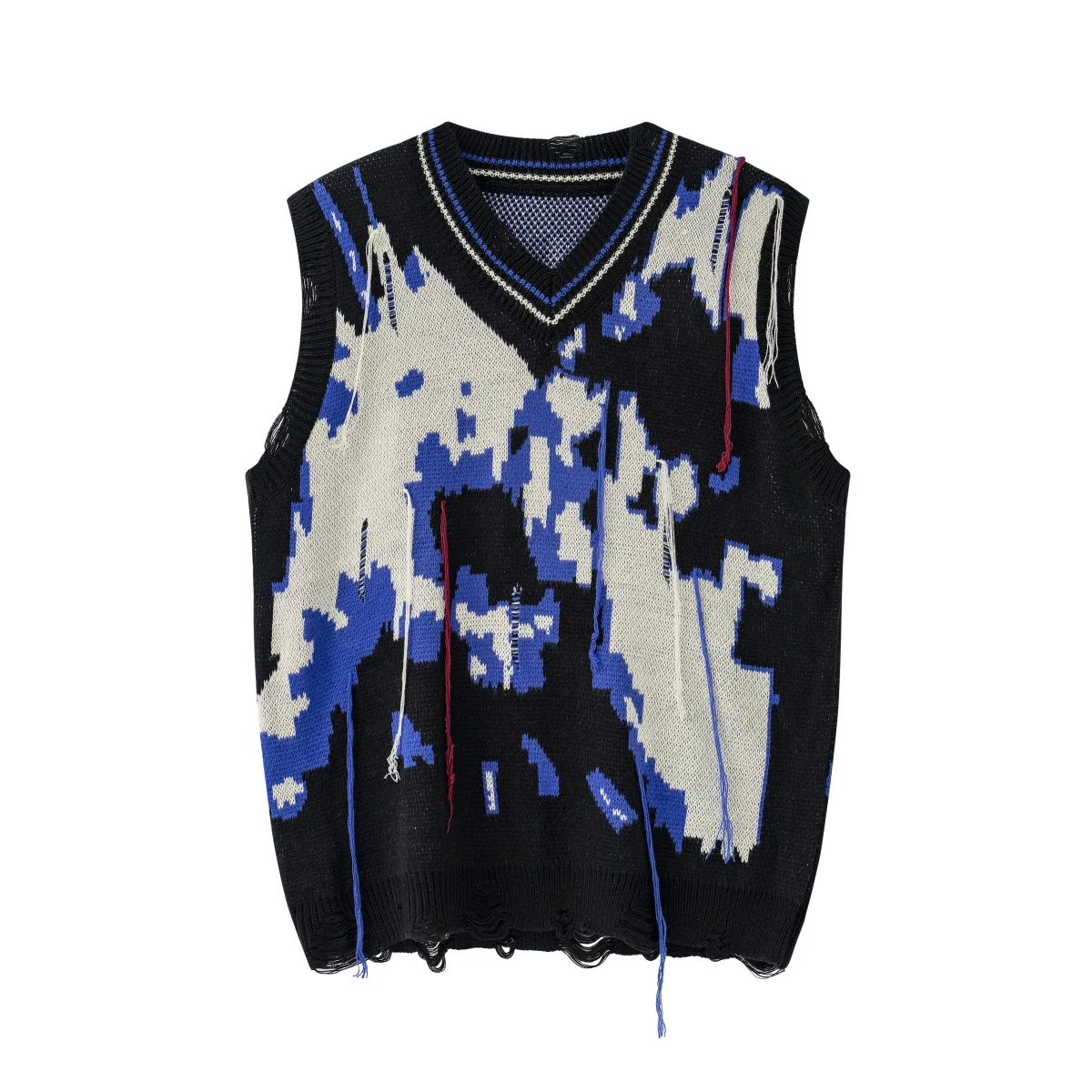 

Oversize Colorblock Knitted Vest Men Round Neck Ripped Sleeveless Sweaters Hip Hop Hole Tassel Knitwear for Women Streetwear Top