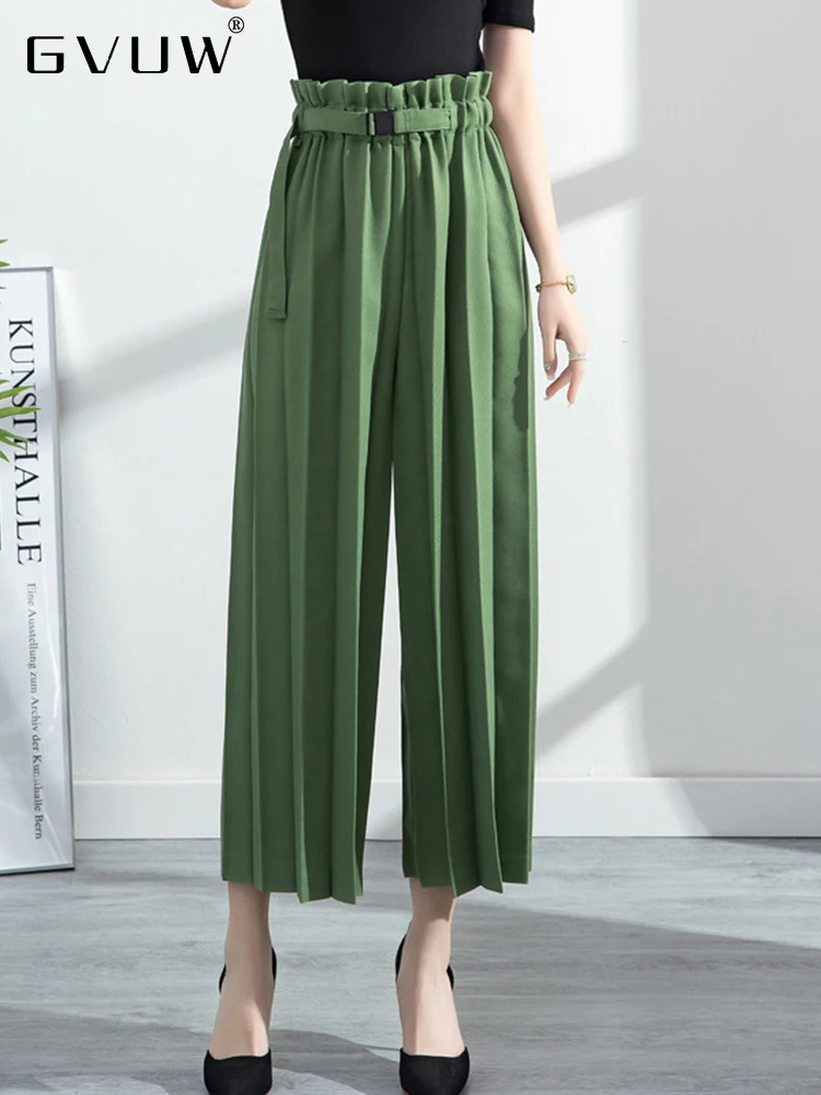 GVUW Loose Pleated Wide Leg Pants For Women Solid Color 2023 Autumn New Elastic Waist Belt Trousers Female Trend Elegant 17G1992