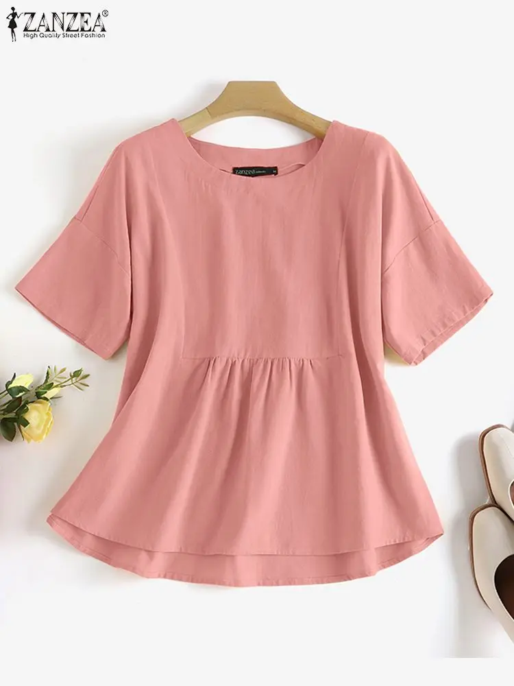 

Women Pleated Blouse 2022 Summer Short Sleeve Blusa ZANZEA Fashion Solid Shirt Oversized Top Casual Holiday Camisas Loose Tunic
