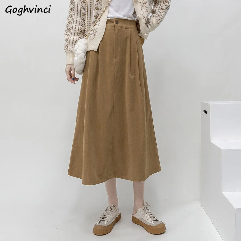 

Skirts Woman Solid Button All-match Korean Style Winter Corduroy Simple Casual Ladies Fashion Retro Design New High Waist Ins