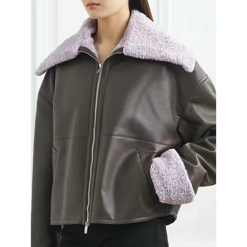 

Женская осенне-зимняя мотоциклетная одежда в стиле пэчворк, простая плюшевая кожаная куртка с лацканами, короткая куртка для женщин, уличная одежда, парки