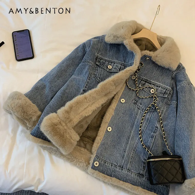 Women's Retro Lamb Wool Denim Jacket Autumn and Winter Casual Loose Velvet Thick Casual Style Warm Denim Parkas for Ladies