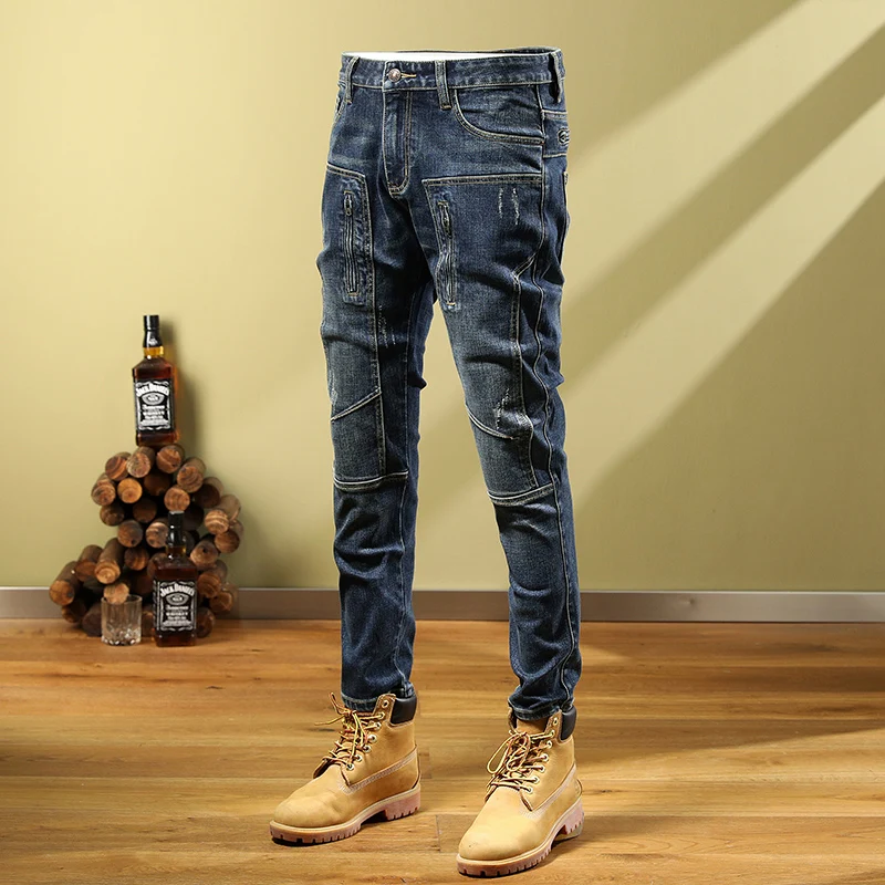 Street Fashion Men Jeans Vintage Blue Zipper Designer Elastic Stretch Skinny Ripped Jeans Men Spliced Hip Hop Biker Pants Hombre