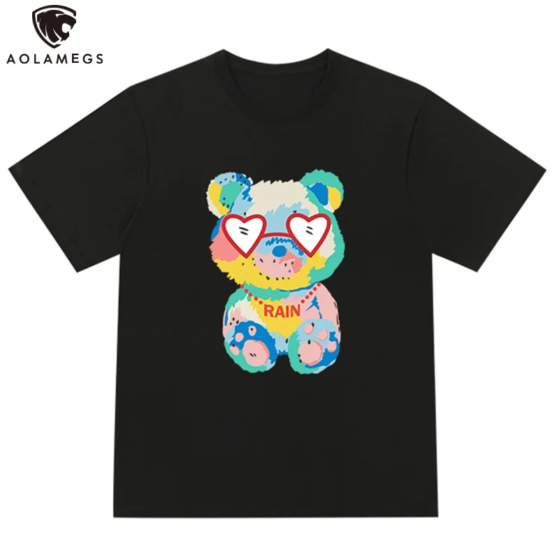 

Aolamegs Men Cartoon Cool Colorful Bear Print Oversized T-shirt Summer High Street Hip Hop Tees Shirts Summer Casual Couple Tops
