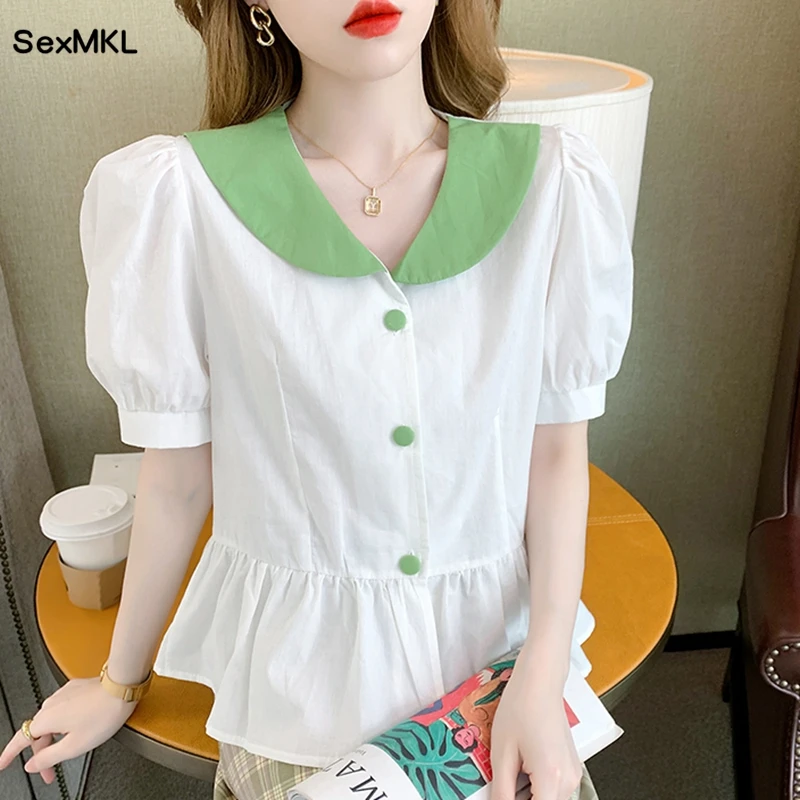 

Vintage Summer White Shirts Women 2023 Fashion V Neck Blue Causal Blouses Korean Style Clothes Puff Sleeve Ladies Crop Tops