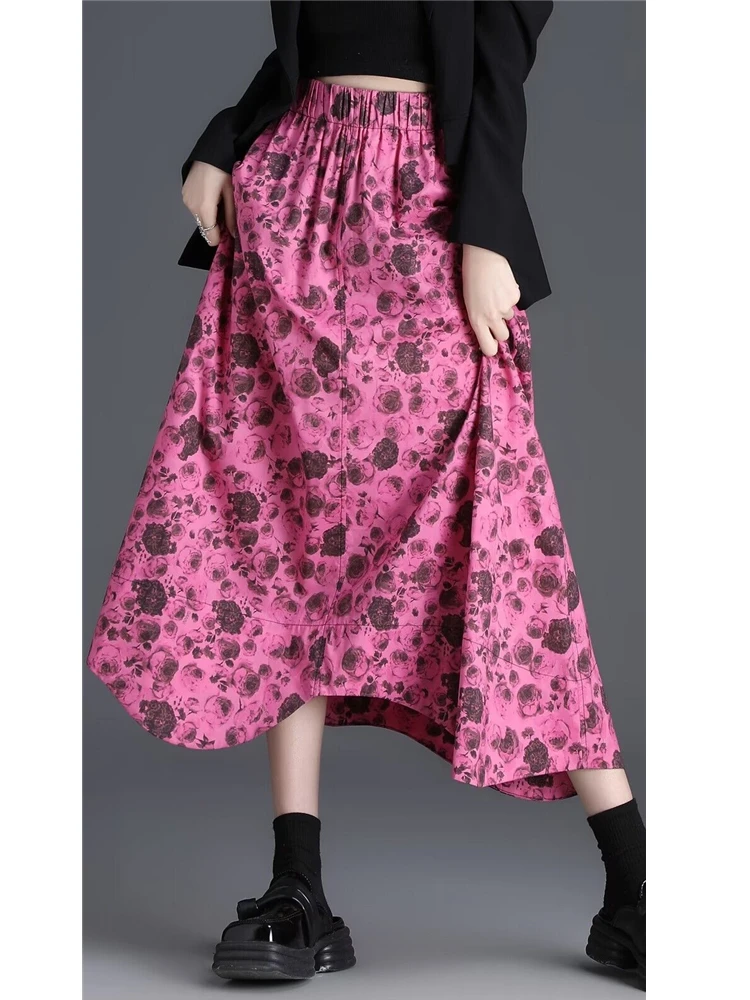 

2023 Women Patchwork rose Floral Print Big Swing Casual Long Skirt Vintage High Waist Chic cotton skirts Female Faldas Mujer