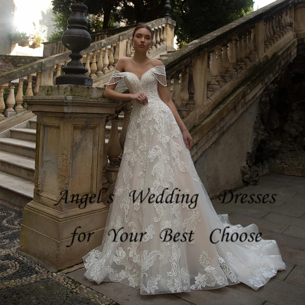 

Luxury Boat Neck Wedding Dresses for Women Cup Sleeves Tassels Bridal Gowns with Appliques Court Train Lace Up Back Vestido New
