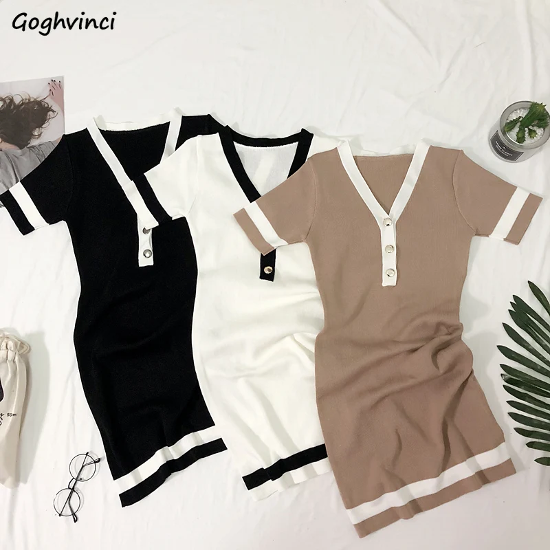 

Short Sleeve Dresses Women New Design Korean Style Elegant Slim V-Neck All-match Knitting Fashion Breathable High Elasticity