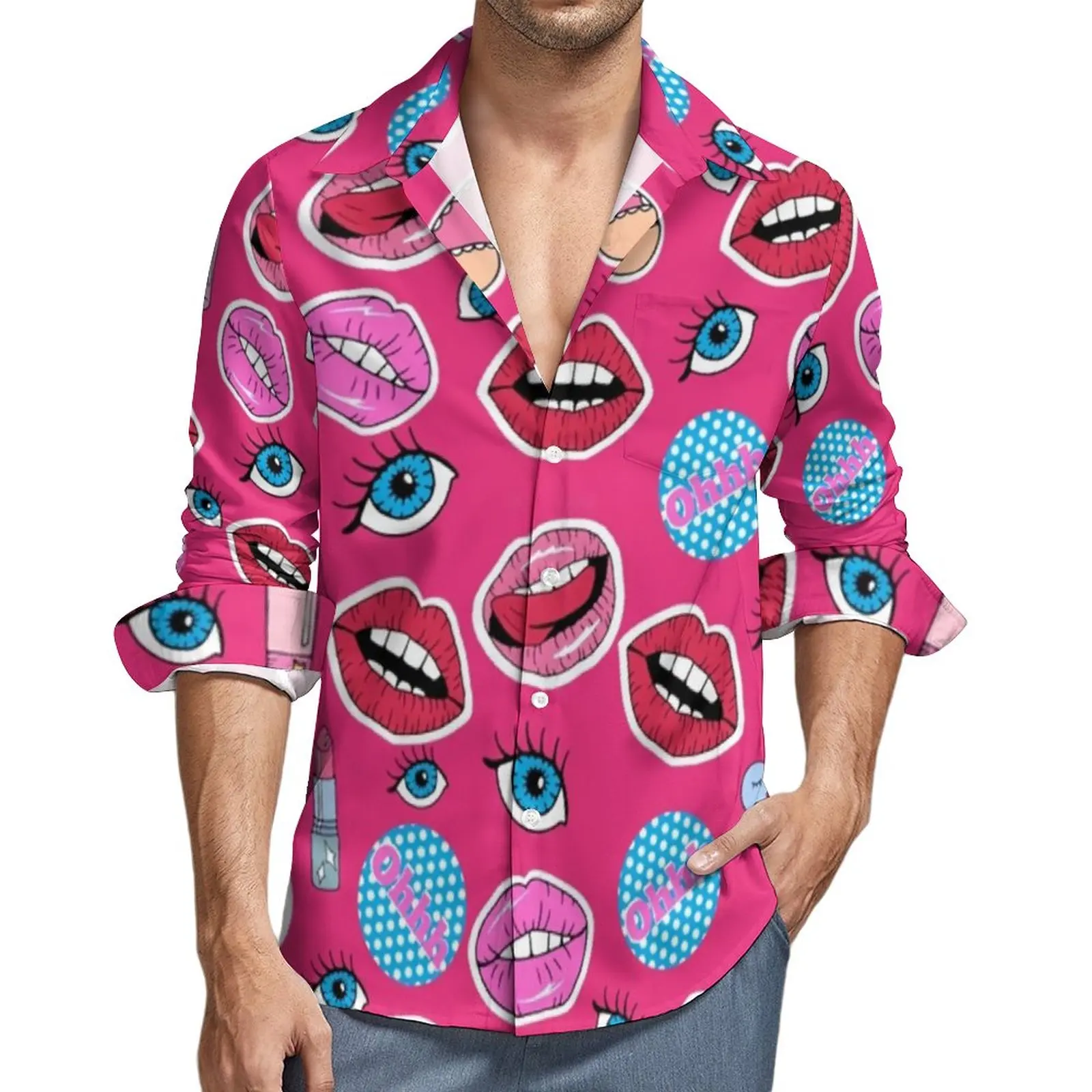 

Hot Lips Shirt Male Pop Art Print Casual Shirts Spring Street Style Design Blouses Long Sleeve Trendy Oversized Tops Gift Idea