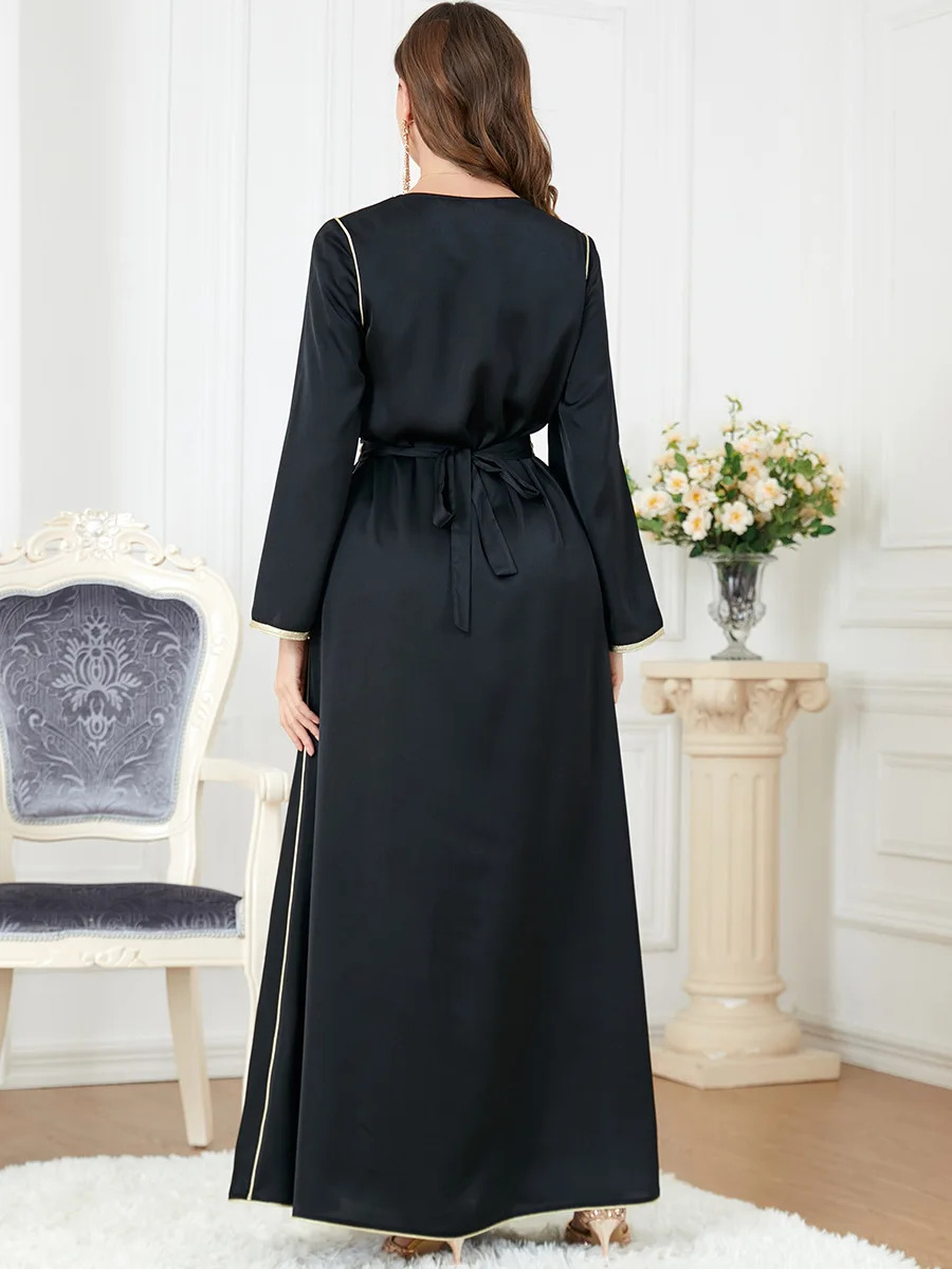 Women Muslim Elegant Black Chiffon Embroidery V-neck with Belt Robe Dubai Abaya Arab Islamic Women Moroccan Kaftan Dress