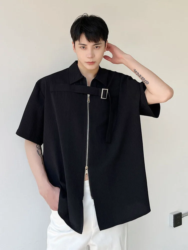 

Рубашка SYUHGFA мужская с отложным воротником и коротким рукавом, свободная Повседневная стильная футболка на молнии, цвет черный, лето 2022