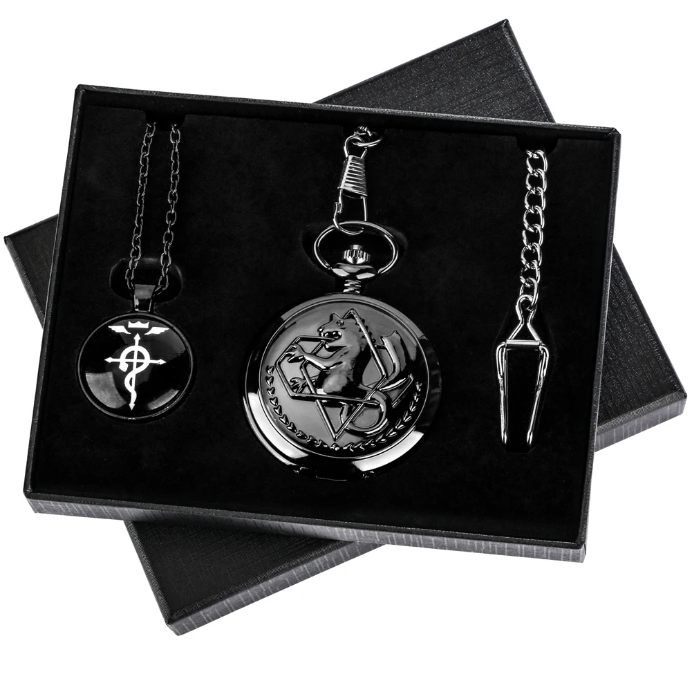 3PCS Necklace Pocket Watch Retro Tone Fullmetal Gifts Sets for Men Anime Cosplay Pendant Black Quartz Clock Reloj De Bolsillo