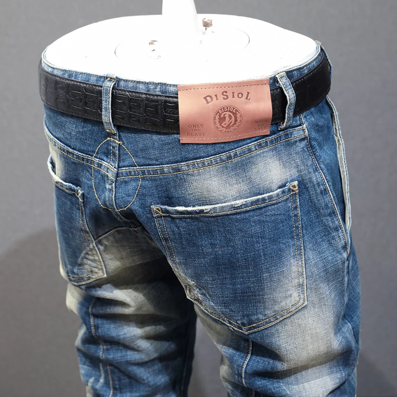 Street Fashion Men Jeans Retro Blue Stretch Elastic Slim Fit Ripped Jeans Men Spliced Designer Hip Hop Denim Biker Pants Hombre