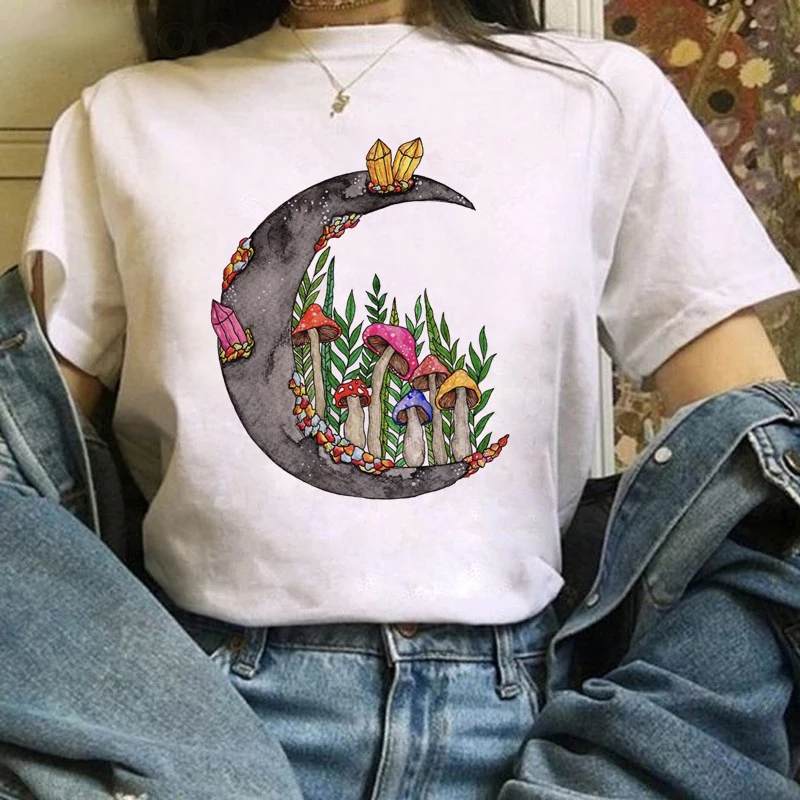 

Women Short Sleeve Mushroon Print Tshirt Cute Style Fashion Cartoon Summer Lady Print Tee Stylish T Top Tshirts Clothes T-Shirt