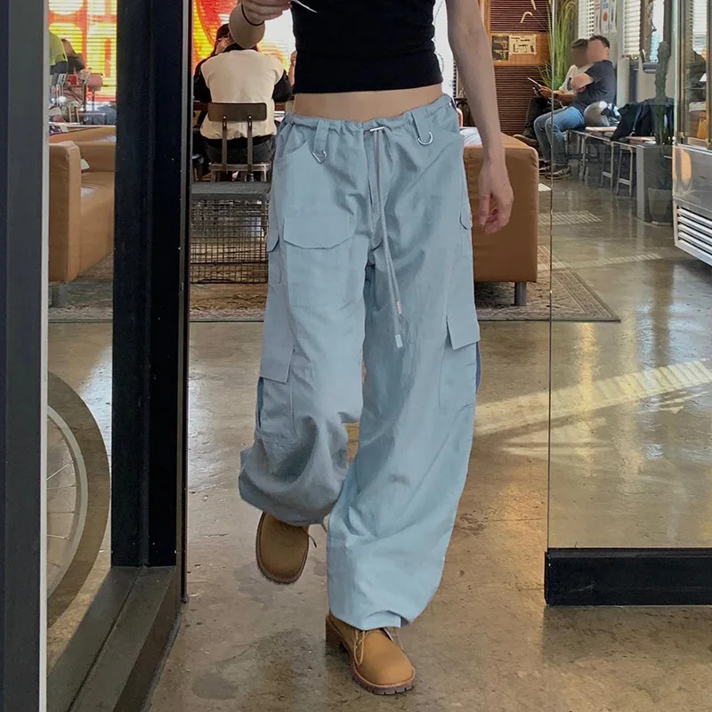 

Women Cargo Pants Street Style Low Rise Pocket Patchwork Baggy Casual Pants Harajuku Drawstring Lady Trousers y2k Grunge
