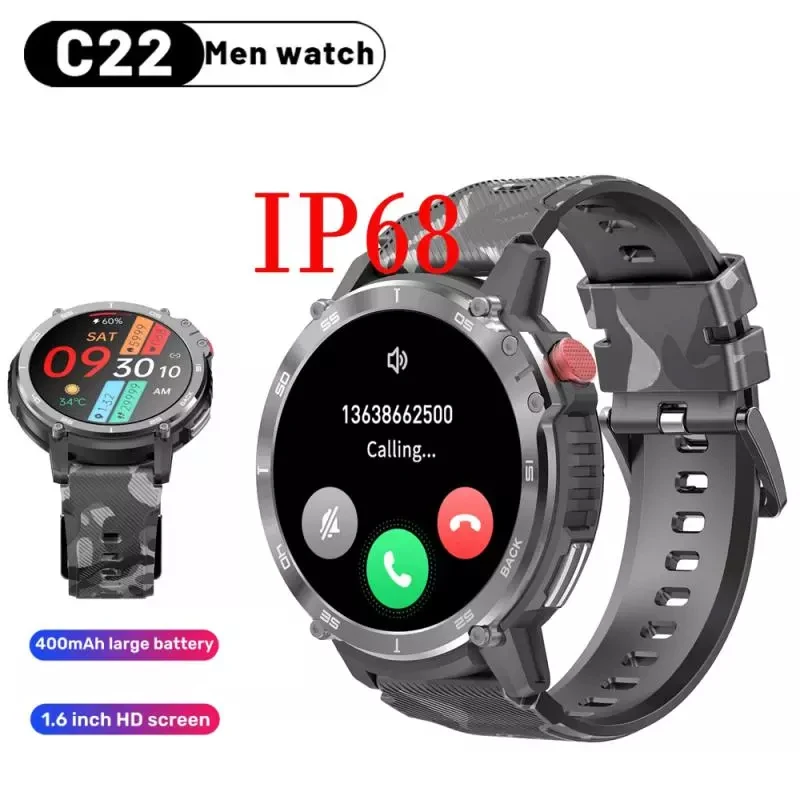 

Мужские Смарт-часы C22, водонепроницаемые часы для фитнеса с поддержкой Bluetooth, 4G, ROM, 1G, RAM, 2023 мАч, 400 дюйма, 1,6