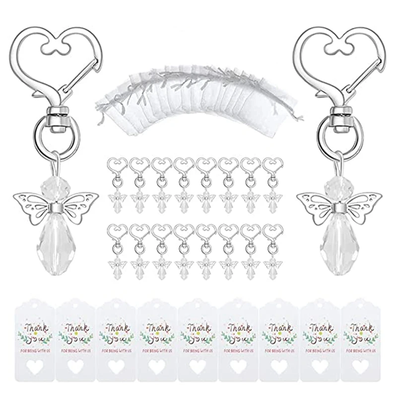 

40 Sets Crystal Butterfly With Heart-Shape Keychain Wedding Favor Set, Organza Gift Bags And Thank You Tags