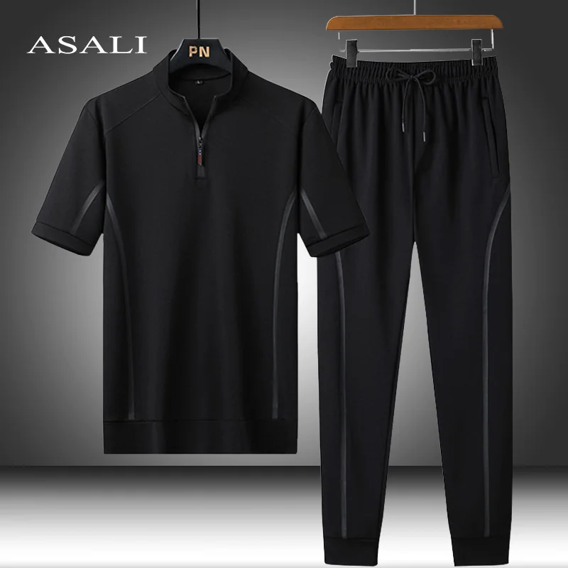 

Men's Suit Korean Trousers Suit Clothing 2022 Summer Ice Silk Casual Short-sleeved Male Large Size Loose Two-piece Thin Sports