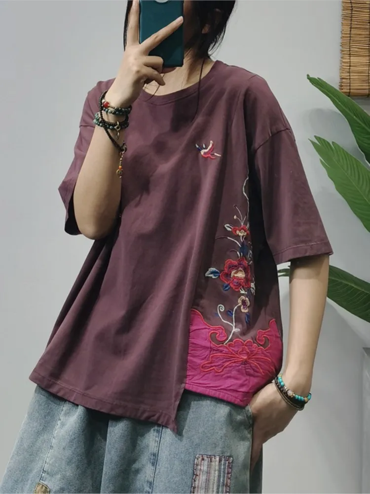 

Womens Top Cotton Knitting Embroidery Round Collar Short Sleeve T-shirt Female Loose Casual Blouse