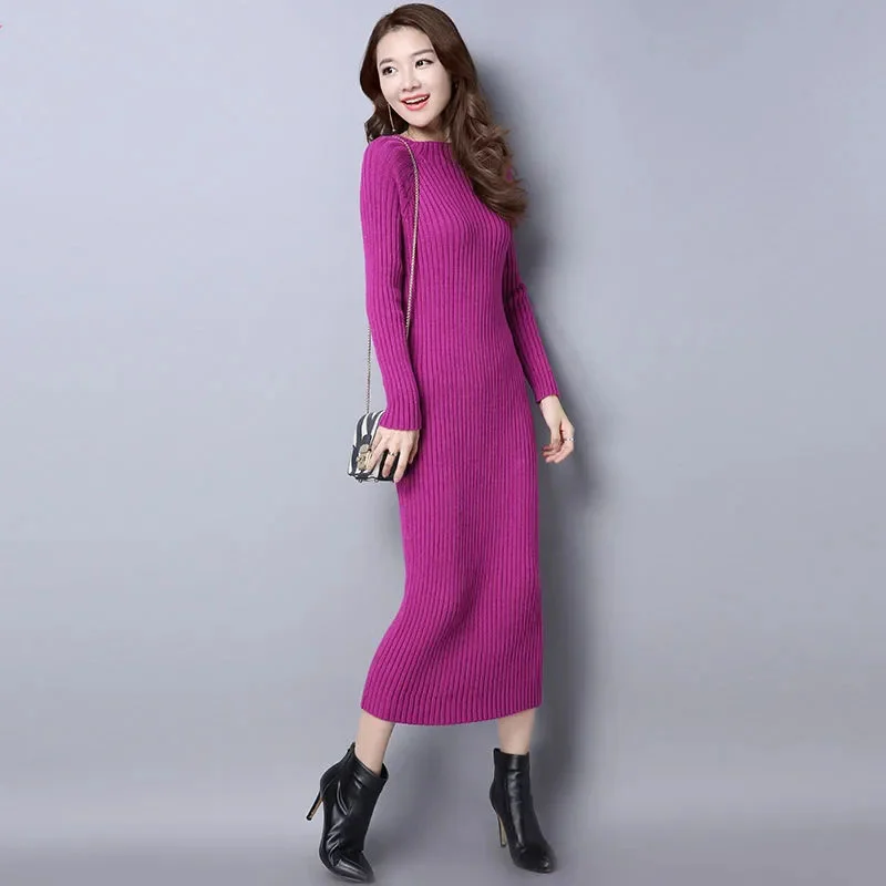 

Осеннее облегающее теплое вязаное платье, Женское зимнее корейское платье миди с круглым вырезом и длинным рукавом, модные элегантные однотонные универсальные платья