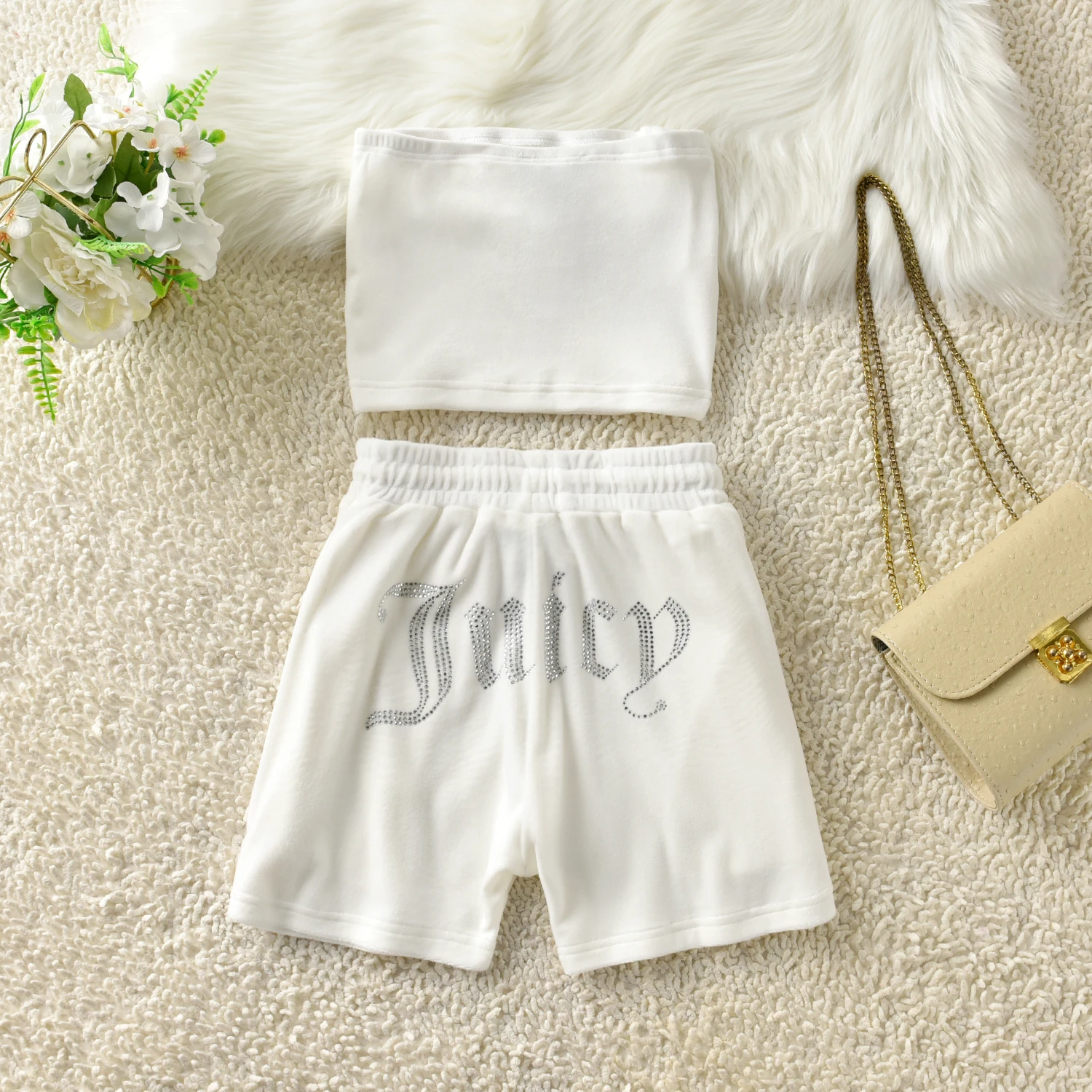 Juicy Coutoure Summer Chest Wrap Suit Sexy Bra Trousers 2 Pieces Solid Color Letters Juicy Rhinestone Velvet Home Sports 2Pc