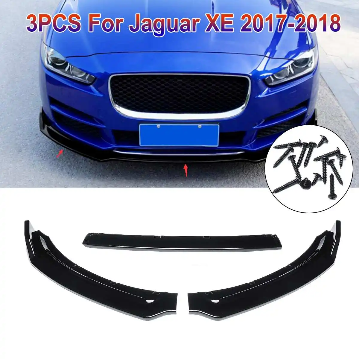 

3PCS/Set Gloss Black ABS Front Bumper Spoiler Lip Cover Trim For Jaguar XE 2017 2018