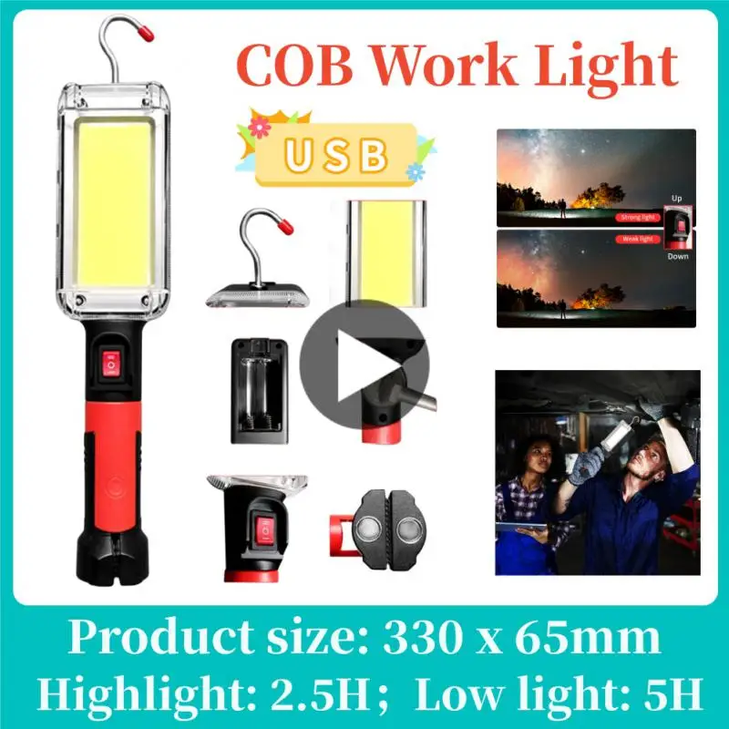 

USB Rechargeable COB Work Light Portable LED Flashlight 18650 Adjustable Waterproof Magnet Hook Clip Camping Lantern