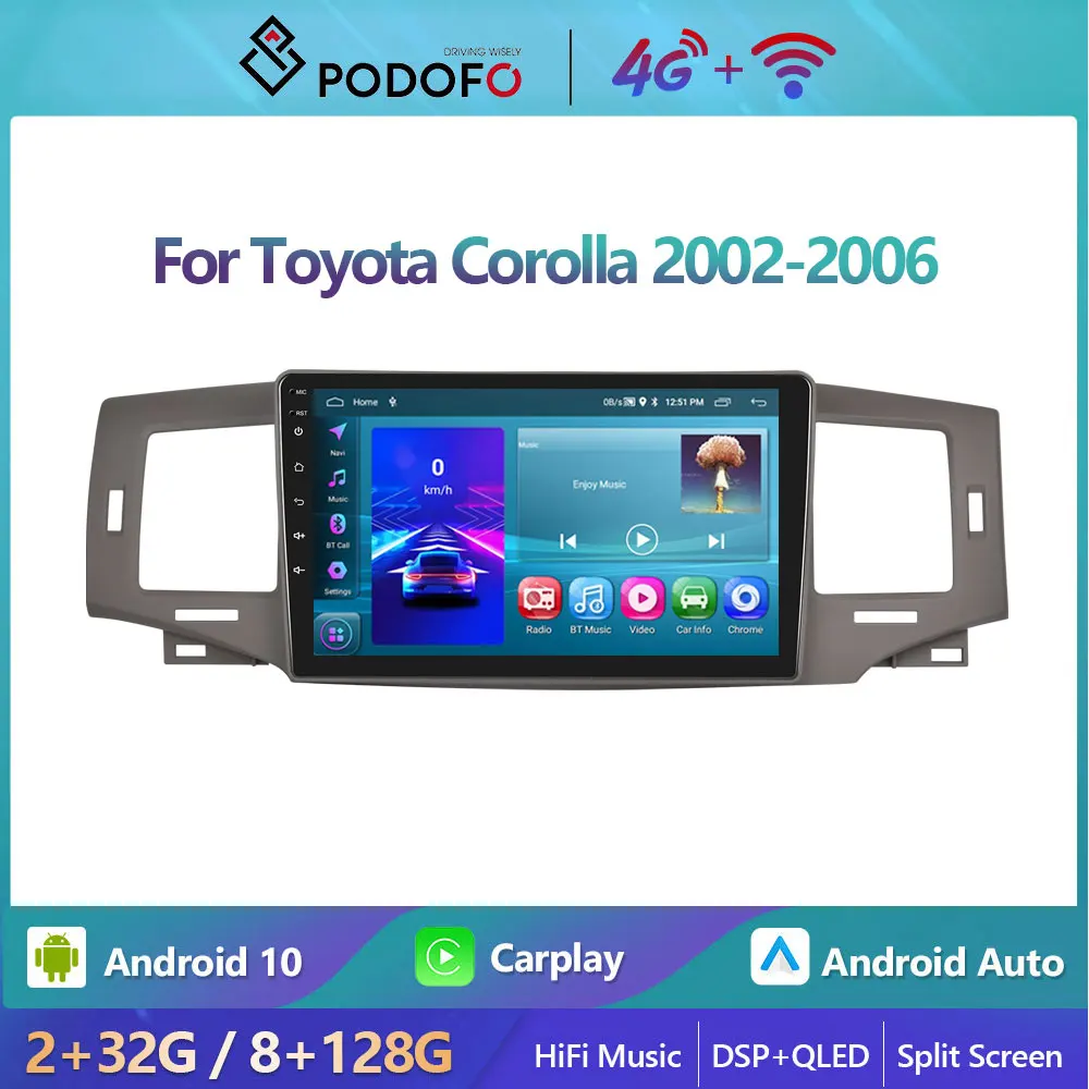 

Podofo Android10 DSP Car Radio Multimidia Video Player Navigation GPS For Toyota Corolla 2002-2006 4G WIFI Carplay Head Unit