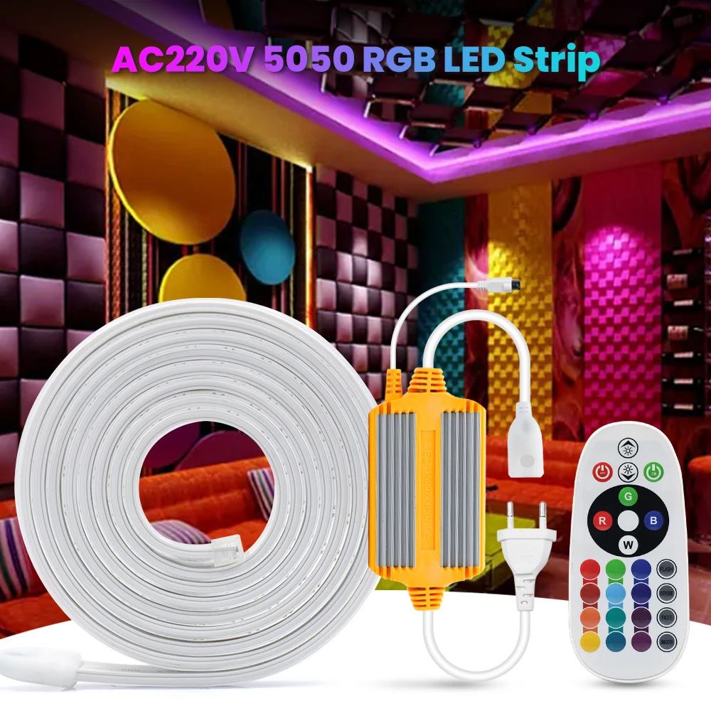 RGB LED Strip AC 220V Waterproof Indoor Outdoor Decor SMD 5050 60leds/m With 1500W Controller Flexible Ribbon Tape Rope Lights