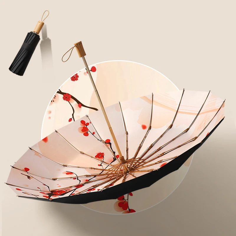 

Ветрозащитный трехскладной ретро-зонт с защитой от УФ-лучей, 16 ребер, деревянная ручка, китайский классический зонт, подарок, уличный зонт для женщин и мужчин