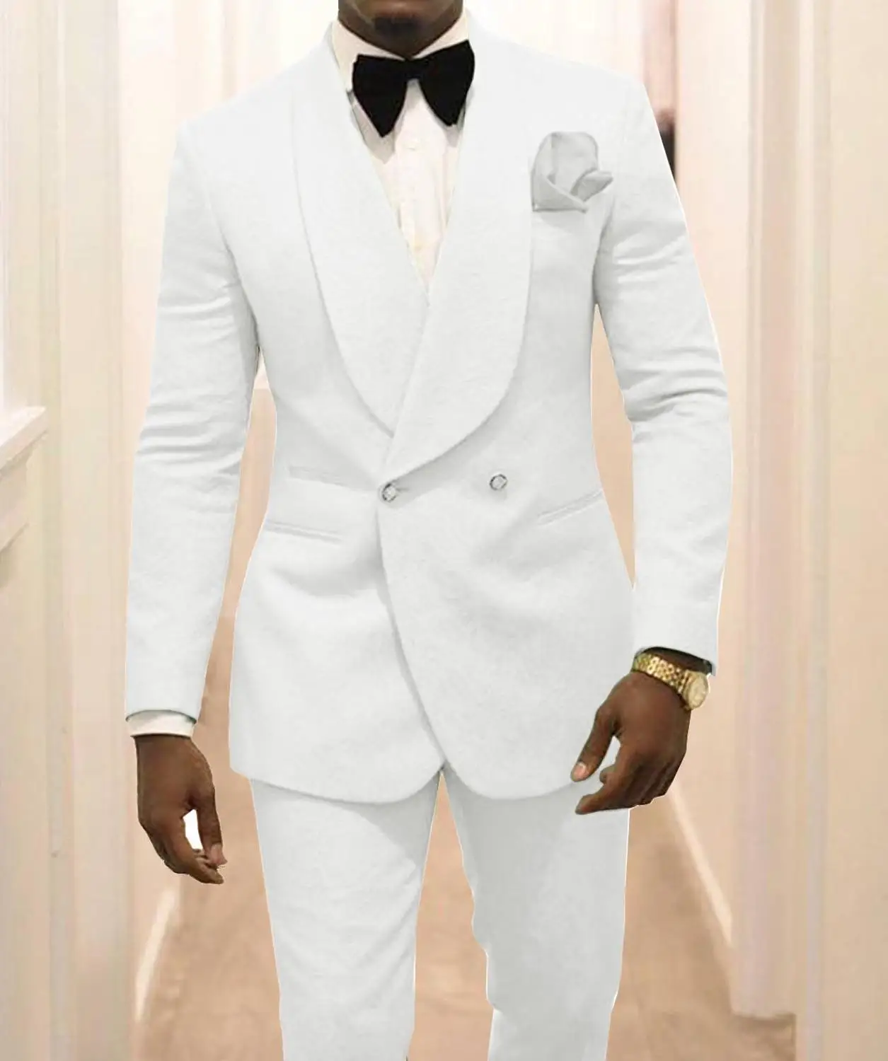 Custom Made Groomsmen White Pattern Groom Tuxedos Shawl Lapel Business Suits Wedding Best Man Costume Homme 2PCS( Jacket+Pants )