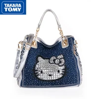 takara tomy 2022 new hello kitty diamond woven denim canvas womens commuter handbag girls large capacity shiny shoulder bag