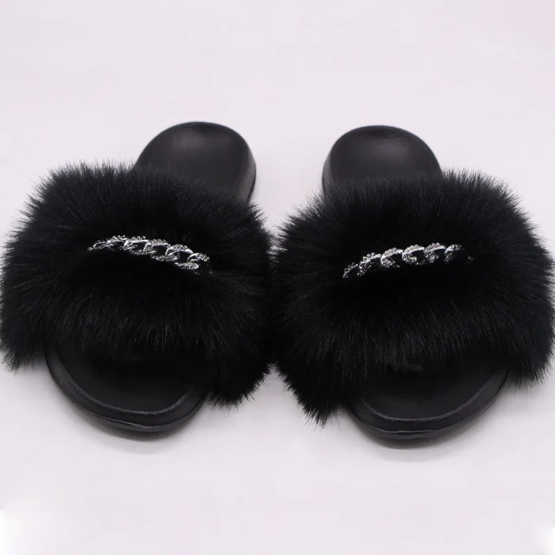 

Women's Summer Shoes Flip Flop Faux Fur Slippers For Home Woman Sandal Flops Furry Slippers With Chain Female Flip-flops Flat