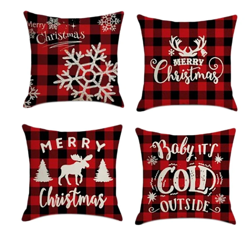 

4Pcs Christmas Pillowcase Santa Square Home Decor Economic Linen Pillow Cases Cushion Covers for Sofa Car Gift 45x45cm