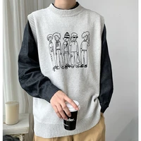 men couples cartoon harajuku sweater vest 2021 winter mens japanese streetwear knitted sweaters male loose vintage knitted vest