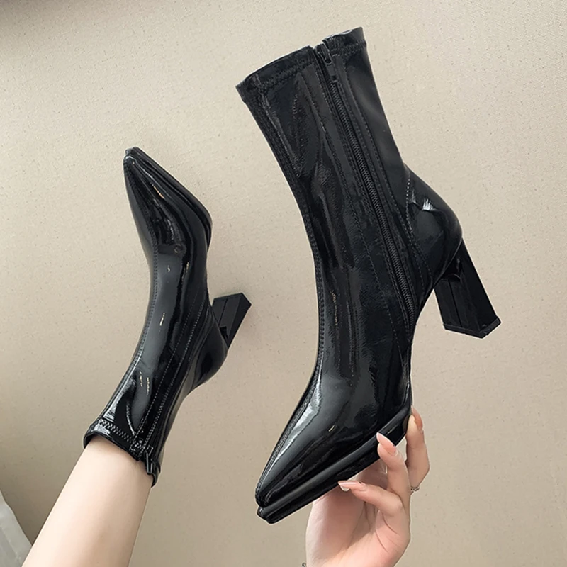 

New Riding Boots High Heel Single Boots Pointed Toe Patent Leather Side Zip Fashion Boots Women's Stovepipe Single Boots