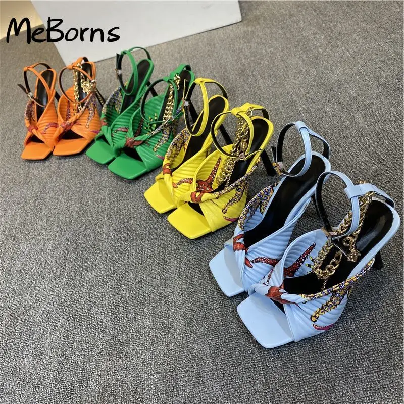 

Square Open tToe Summer Sandals Sexy Party Shoes Woman Catwalk Strange Thin Heels T-Strap Colorful Graffiti Heels Large Size 44