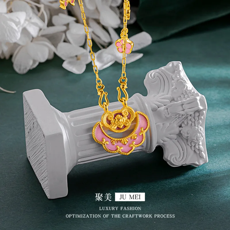 Фото Цепочка для сумки Jinheng Lock Bag, розовая, с замком-оберегом, позолоченная, с замком долголетия, золотистого цвета, с замком Руи, в национальном стиле, ювелирное украшение, ожерелье №2