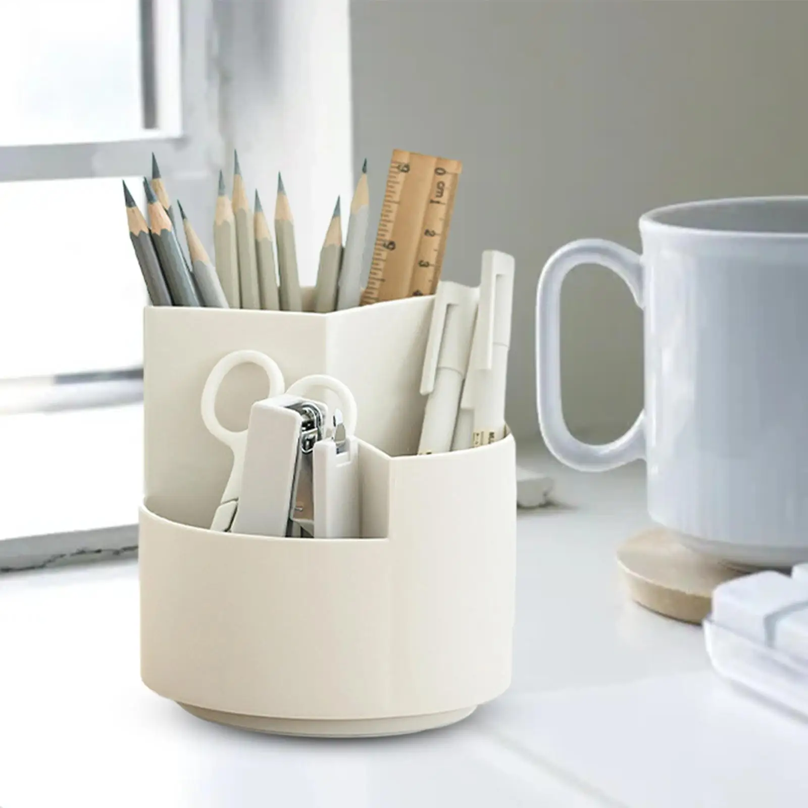 

360 Degree Rotating Organizers Desktop Stationary Organizer 3 Segments Makeup Brush Bin for Art Supplies Classroom Desk Kids