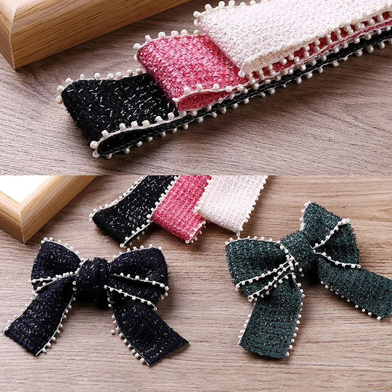 Tweed Cotton Knitted Glitter Ribbon With Beads 25mm 40mm DIY Make Bowknots Kids Hair Accessories Material Collar Handmade Crafts