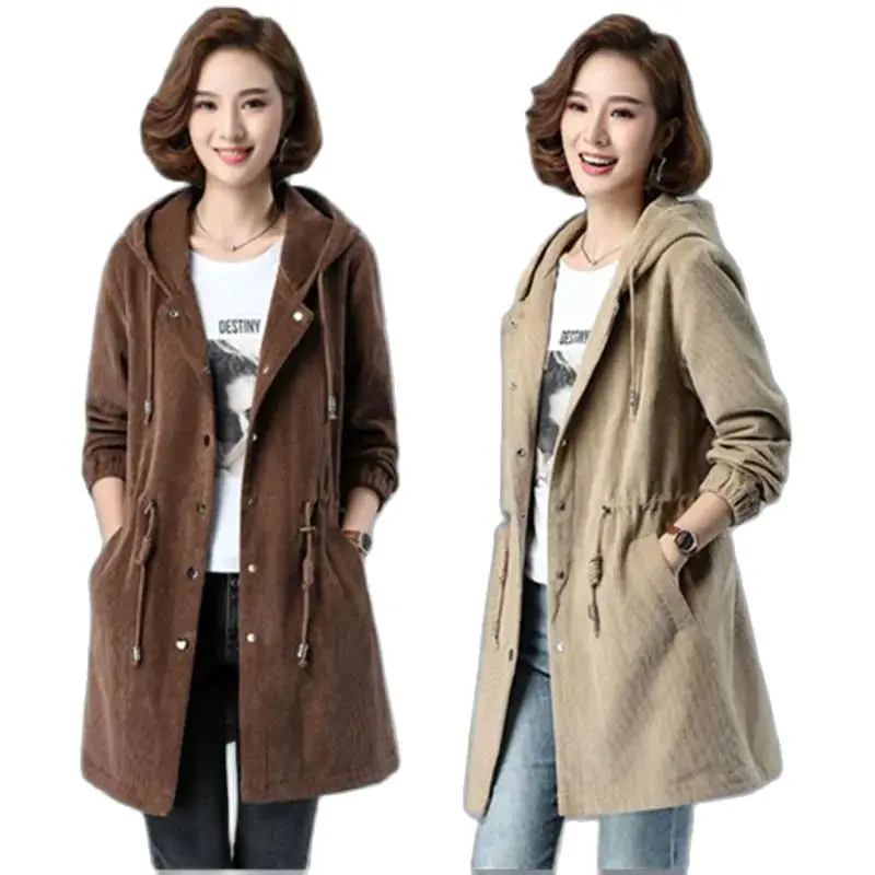 

Fashion Corduroy Women Spring Autumn Coat Quilted Winter Jacket 2023 New Middle-Aged Mom Hooded Mid-Length Windbreaker Outerwear