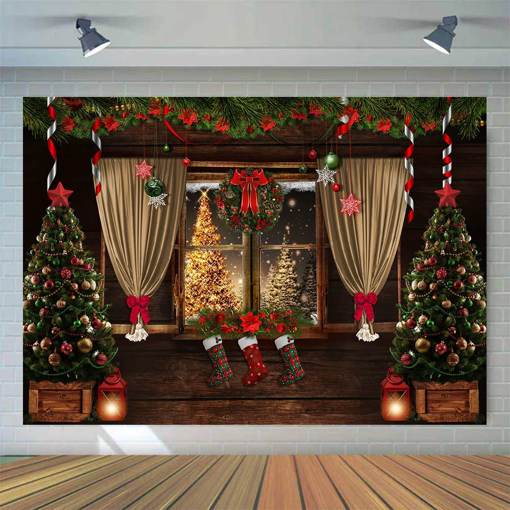 

Mocsicka Wooden Wall Window Christmas Tree Wreath Photo Background Gold Curtains Christmas Family Portrait Photography Backdrops
