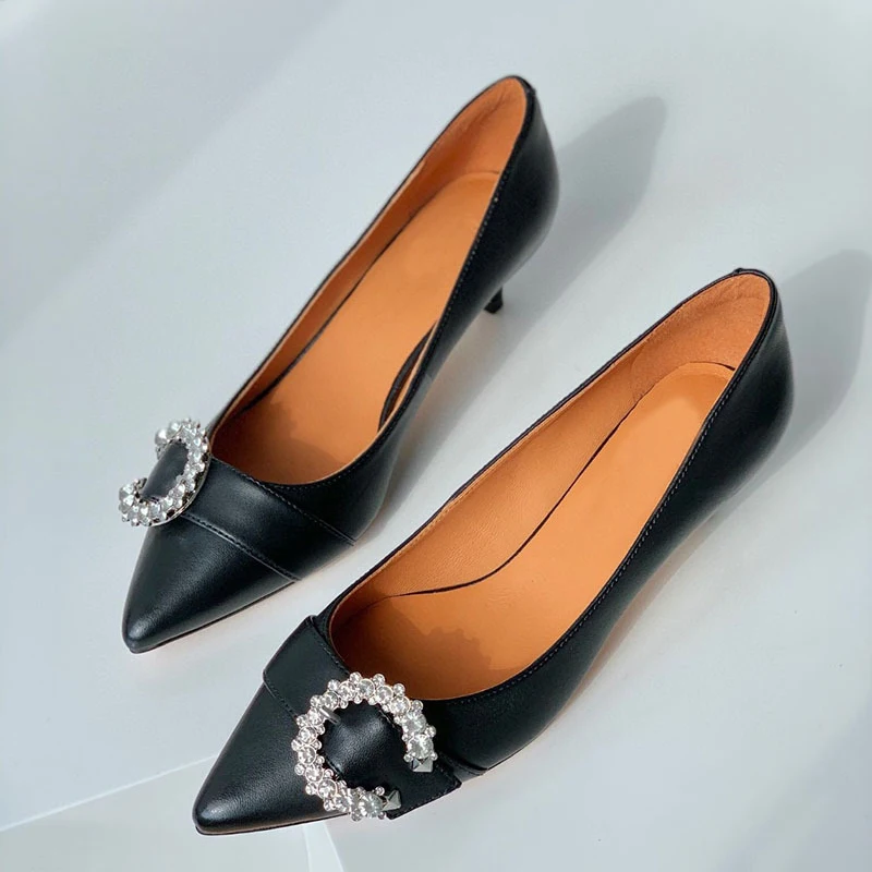 

2022 New Authentic Leather Shoes For Women Pointed Shallow Mouth Diamond Decoration Heels Fashion Elegant Commute Shoes Pumps