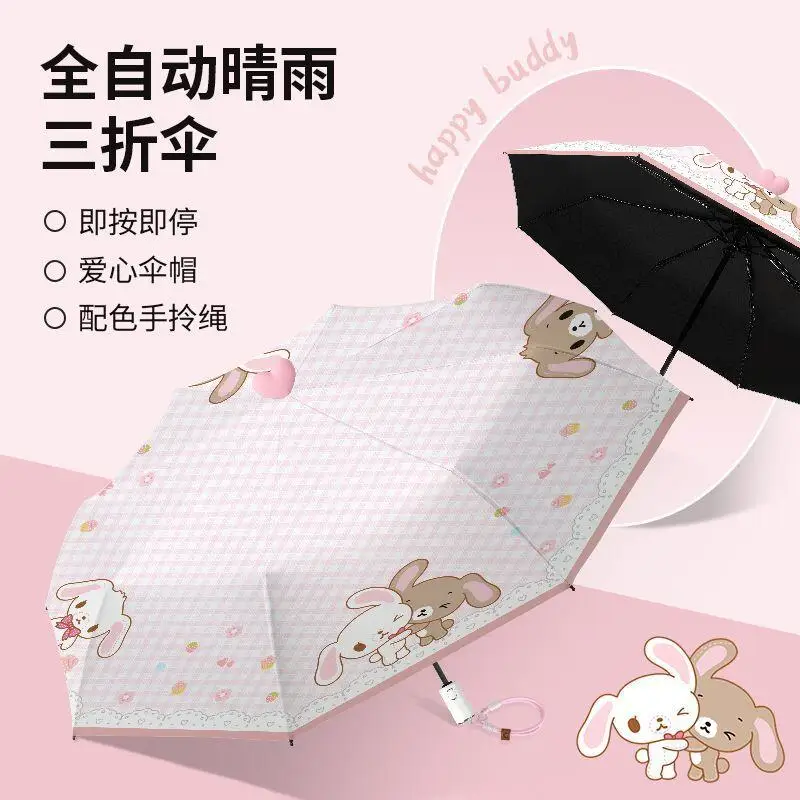 Фото Мини-зонтик Sanrio Sugarbunnies, оригинальный автоматический складной солнцезащитный зонт, солнечный дождливый зонт с рисунком Kawaii №4