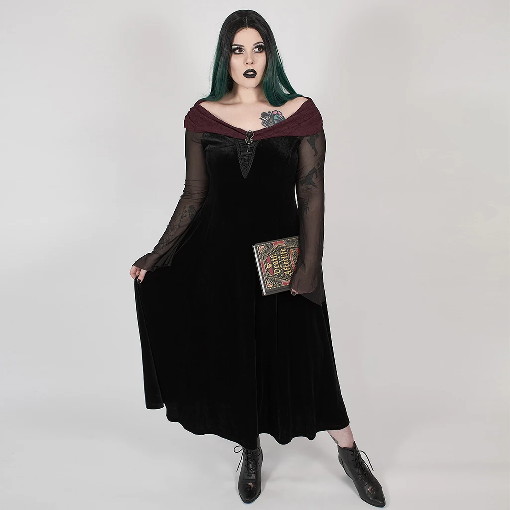 PUNKRAVE Women's Gothic Horizontal Neck Perspective Mesh Long Sleeve Dresses Simple Elastic Velvet Trumpet Sleeve Long Skirts