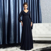 2022 simple navy blue chiffon wedding guest gown for woman floor length mother of the bride dresses a line long sleeves vestodos