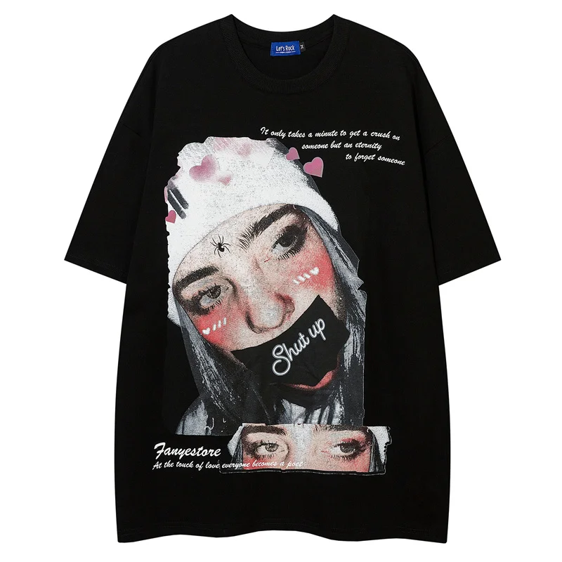 

Hip Hop Oversized T Shirt Streetwear Letter Portrait Print Punk T Shirts Harajuku Korean Summer Casual Cotton Short Sleeve Tops